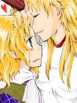  artist_request blonde_hair blush closed_eyes forehead green_eyes heart horn horns hoshiguma_yuugi incipient_kiss long_hair mizuhashi_parsee momoiro multiple_girls open_mouth pointy_ears profile scarf short_hair smile tegaki touching touhou yuri 