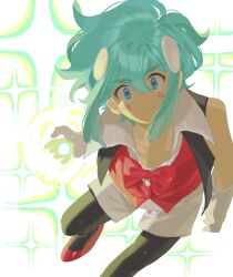  1boy 1girl aqua_hair beatspell black_pantyhose blue_eyes blush blush_stickers bow bowtie closed_mouth gloves green_hair hair_between_eyes highres jacket looking_at_viewer male_focus nadesasero pantyhose pantyhose_under_shorts rhythm_tengoku shoes short_hair shorts sidelocks simple_background sleeveless smile solo sparkle vest white_background white_gloves white_shorts yu_(beatspell) 