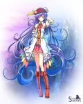  blue_hair food fruit hat highres hinanawi_tenshi long_hair peach red_eyes silversirius solo touhou 