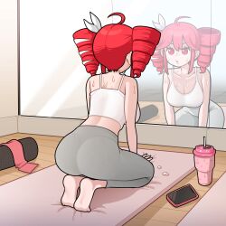 1girl :o barefoot drill_hair full_body gym gym_uniform kasane_teto leggings looking_at_mirror mirror red_eyes red_hair sigh smartphone sports_bra sweat twin_drills yoga_mat