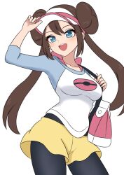  1girl bag black_pantyhose blue_eyes blush breasts brown_hair donut_hair_bun double_bun hair_bun hat highres long_hair looking_at_viewer medium_breasts open_mouth pantyhose pantyhose_under_shorts poke_ball_print pokemon pokemon_black_2_and_white_2 raglan_sleeves rosa_(pokemon) shirt shorts shoulder_bag sikamiya simple_background smile solo teeth twintails upper_teeth_only visor_cap white_background yellow_shorts 