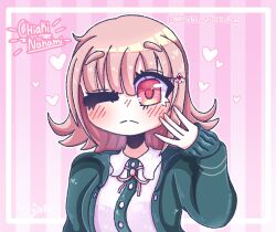  1girl amyaniii blush border character_name closed_mouth collared_shirt commentary danganronpa_(series) danganronpa_2:_goodbye_despair english_commentary eyelashes green_jacket heart heart_in_eye highres instagram_logo instagram_username jacket medium_hair nanami_chiaki neck_ribbon one_eye_closed open_clothes open_jacket outline pink_background pink_eyes pink_hair pink_ribbon ribbon shirt sleeves_past_wrists solo split_mouth striped_background symbol_in_eye vertical-striped_background white_outline white_shirt 