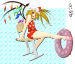  blonde_hair chair flandre_scarlet hat highres innertube legs libus one-piece_swimsuit polka_dot polka_dot_swimsuit ponytail red_eyes short_hair side_ponytail solo swimsuit touhou wings 