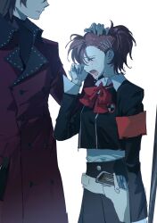  1boy 1girl aragaki_shinjirou arm_at_side armband ban_ye_liu_gou_ye_yao_dai_jian_bian_dai_o black_jacket black_skirt bow brown_hair buttons check_commentary chinese_commentary closed_mouth coat collar collared_shirt commentary_request crying double-breasted faceless faceless_male facing_another from_side gekkoukan_high_school_uniform gun hair_between_eyes hair_bun hair_ornament hairclip hand_on_own_face head_down headpat highres holding holding_sword holding_weapon holster jacket long_sleeves medium_hair muted_colors open_mouth parted_lips persona persona_3 persona_3_portable red_armband red_bow red_coat school_uniform shiomi_kotone shirt simple_background skirt sword tears turtleneck upper_body weapon white_background 