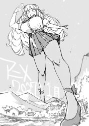  :d absurdres ankle_bow bow bowtie breasts dress_shirt drill_hair fang fujido_oriko giant giant_ojou-sama giantess greyscale high_heels highres large_breasts long_hair monochrome mountain nikukaiq open_mouth pantyhose pleated_skirt shading_eyes shirt skin_fang skirt smile standing 