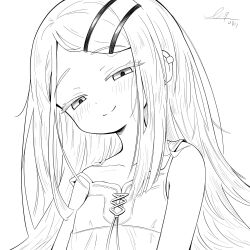  1girl armpit_crease bare_arms bare_shoulders blush breasts camisole closed_mouth collarbone colored_eyelashes commentary_request dated dot_nose dress ear_piercing eyes_visible_through_hair forehead frilled_camisole frills gakuen_idolmaster greyscale hair_ornament hairclip half-closed_eyes head_tilt highres idolmaster limpiderm lineart long_eyelashes long_hair looking_at_viewer monochrome parted_bangs piercing shinosawa_hiro sidelocks signature simple_background sleeveless sleeveless_dress small_breasts smile smug solo spaghetti_strap split_mouth strap_slip swept_bangs thick_eyebrows thick_eyelashes upper_body very_long_hair white_background 