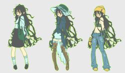  absurdres arm_warmers bag bare_shoulders beanie black_hair black_skirt blue_coat boots breasts chinese_commentary coat commentary_request crop_top degrees_of_lewdity denim dian_zi_yang double-parted_bangs frilled_skirt frills full_body glasses green_arm_warmers green_lining green_outline grey_background hair_between_eyes hat highres jeans juliet_sleeves kylar_(degrees_of_lewdity) kylar_(female)_(degrees_of_lewdity) lace-up_thighhighs loafers long_hair long_hair_between_eyes long_sleeves looking_at_viewer medium_skirt messy_hair miniskirt neck_ruff outline pants puffy_sleeves round_eyewear shirt shirt_tucked_in shoes shoulder_bag simple_background skirt sleeveless sleeveless_shirt small_breasts socks standing stomach sun_hat tailcoat thigh_boots variations very_long_hair white_shirt white_skirt white_socks yellow_hat 