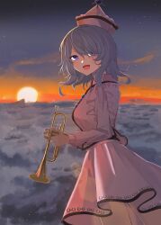  1girl absurdres blue_eyes commentary_request dress grey_hair hat highres holding holding_instrument holding_trumpet instrument kuroha_shinoru looking_at_viewer merlin_prismriver open_mouth pink_dress pink_hat sky smile solo standing star_(sky) starry_sky touhou trumpet twilight 