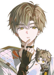  1boy animal_ears black_gloves brown_hair chain chain_necklace chibi chibi_inset collar colored_tips commentary_request crew_neck curtained_hair dog_boy dog_ears dog_tail double-parted_bangs earrings finger_to_own_chin fingerless_gloves gloves hair_between_eyes hand_up highres index_finger_raised jacket jewelry kemonomimi_mode long_sleeves looking_to_the_side male_focus mole mole_under_eye multicolored_hair multiple_necklaces necklace neo_(undays) oowwoo open_clothes open_jacket parted_lips portrait quilted_jacket shirt short_hair side_part simple_background sparkling_eyes tail undays utaite virtual_youtuber white_background white_shirt yellow_eyes 
