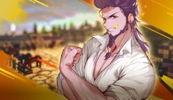  1boy beard blurry blurry_background braid braided_beard brown_eyes chinstrap_beard ciaran_grosvenor collared_shirt earrings facial_hair flexing game_asset grin highres jewelry long_hair looking_at_viewer muscular muscular_male non-web_source official_art open_clothes open_shirt pectorals pompadour purple_hair rolua self-datamine shirt smile sparkle the_great_villainess_strategy_of_lily tooth_glint white_shirt yellow_background 