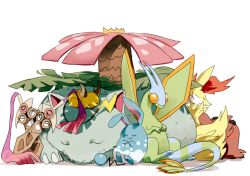  6+others azumarill closed_eyes closed_mouth commentary delphox doublade english_commentary flygon happyds multiple_others no_humans pokemon pokemon_(creature) pokemon_focus raichu simple_background sleeping teeth venusaur white_background 