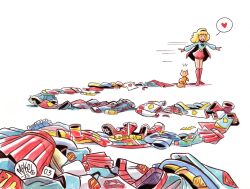  1girl 2023 blonde_hair boots cape cat changing_clothes commentary dated dc_comics english_commentary hairband heart highres leotard mikemaihack motion_lines red_boots red_cape red_skirt skirt sleeved_leotard smile solo speech_bubble speed_lines spoken_heart supergirl superhero_costume superman_(series) toon_(style) unworn_clothes 