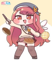  1girl ashur_(trickcal) beret blush_stickers bread chibi chibi_only commentary_request convenient_censoring food hat highres long_hair melon_bread red_eyes red_hair school_uniform simple_background solo suwa_yasai thigh-highs trickcal wand wings 
