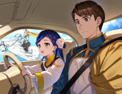  1girl 2boys armor blue_hair blue_jacket blue_sky braid brown_hair cape clouds cloudy_sky commentary damuel_(honzuki_no_gekokujou) day dress driving flower flying frown grey_eyes grimace hair_flower hair_ornament helmet honzuki_no_gekokujou jacket long_hair long_sleeves multiple_boys myne_(honzuki_no_gekokujou) nyoro_(nyoronyoro000) open_mouth outdoors pegasus riding riding_animal seatbelt short_hair sky smile vehicle_interior white_dress wide_sleeves yellow_cape yellow_eyes 