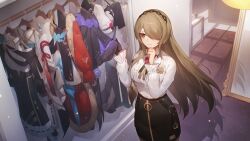  1girl absurdres black_dress black_gloves black_skirt breasts brown_hair chinese_clothes chinese_commentary closed_mouth closet clothes_hanger clothes_rack commentary_request dress floor from_above gloves hair_over_one_eye hand_on_own_chin headband highres honkai_(series) honkai_impact_3rd indoors long_hair long_sleeves purple_dress qipao red_dress rita_rossweisse rita_rossweisse_(fallen_rosemary) rita_rossweisse_(summer_night's_dream) second-party_source shadow shirt single_glove skirt smile solo takeno_(hashi_falcon) unworn_clothes very_long_hair violet_eyes white_dress white_shirt 