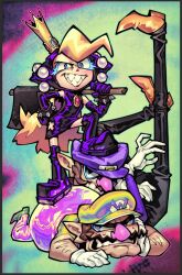  1girl 2boys black_boots black_dress black_gloves black_overalls blonde_hair boots brown_shoes crown dav_(krooked_glasses) dress elbow_gloves facial_hair gloves hat hooded_dress mario_power_tennis mario_tennis mini_crown multiple_boys mustache overalls pink_nose pointy_ears purple_hat purple_overalls sharp_teeth shirt shoes short_sleeves sleeveless sleeveless_dress super_mario_bros. teeth waluigi wario warupeach white_gloves yellow_hat yellow_shirt 