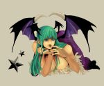  blue_eyes boots breasts capcom chiba_(noble) cleavage darkstalkers demon_girl elbow_gloves finger_to_mouth fingerless_gloves gloves green_hair head_wings headwings large_breasts monster_girl morrigan_aensland nail_polish pantyhose simple_background solo star succubus vampire_(game) wings 