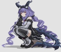  1girl absurdres arknights arknights:_endfield bare_shoulders black_boots black_bow black_hairband black_horns black_shorts black_sleeves black_tail black_thighhighs boots bow closed_mouth commentary commentary_typo detached_sleeves full_body grey_background hair_bow hairband highres horns jin_(7kijin) knee_boots lace-up_boots light_smile long_hair long_sleeves looking_at_viewer pink_eyes purple_hair shorts simple_background sitting sketch solo tail thigh-highs typhoeus_(arknights) typhon_(arknights) very_long_hair white_boots white_sleeves white_thighhighs 