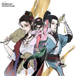  3girls all_wishes_come_true! arm_wrap black_eyes black_hair black_pants black_sash blue_hanfu blue_trim breasts brown_eyes brown_hair chinese_clothes chinese_commentary chinese_text closed_mouth coat commentary_request earrings flower flower_earrings genderswap genderswap_(mtf) green_skirt hair_bun hair_flower hair_ornament hair_pulled_back hair_ribbon half_updo hand_fan hand_up hanfu he_xiangu_(all_wishes_come_true!) high_ponytail highres holding holding_fan holding_string holding_sword holding_weapon jewelry jian_(weapon) kichick large_breasts leaf_belt leaf_fan leaf_hair_ornament leaf_ornament lips long_hair long_sleeves looking_at_viewer lotus lv_dongbin_(all_wishes_come_true!) medium_breasts multiple_girls multiple_views necklace open_clothes open_coat orange_sash pants pink_flower pink_hanfu ponytail red_coat red_ribbon red_sash ribbon robe sash shoulder_strap sidelocks simple_background single_hair_bun sketch skirt smile standing string sword sword_tassel tassel topknot upper_body weapon weapon_tassel white_background white_hanfu wide_sleeves yaopei zhongli_quan_(all_wishes_come_true!) 