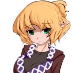  1girl blonde_hair blush breasts cleavage frown green_eyes hakano_shinshi large_breasts mizuhashi_parsee pointy_ears short_hair touhou transparent_background 