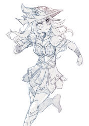  1girl absurdres alternate_costume armor black_choker breasts choker commentary commission dang_(runescape) duellist's_cap_(tier_6) english_commentary hair_between_eyes hat highres knee_pads light_blush long_bangs long_hair looking_to_the_side medium_breasts monochrome original parororo pauldrons runescape running second-party_source shoulder_armor sketch skirt solo white_background 