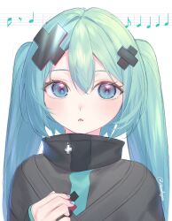  1girl aqua_eyes aqua_hair aqua_nails artist_name black_coat coat collared_coat commentary_request cross_hair_ornament cross_ornament eighth_note eighth_rest hair_ornament hand_up hatsune_miku highres long_hair long_sleeves looking_at_viewer musical_note musical_staff nikoo_(nikodayooo) portrait quarter_note simple_background solo twintails vocaloid white_background 