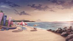  beach beach_umbrella boat chair clouds evening folding_chair game_asset hentai_prison highres horizon landscape mikago_kotaro no_humans non-web_source ocean official_art orange_sky outdoors parasol rock sand scenery self-datamine shadow shore sign sky sunset tree twilight umbrella variant_set visual_novel_cg water watercraft 