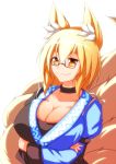  1girl animal_ears blonde_hair breasts cosplay fox_ears fox_tail glasses large_breasts merry_(diameri) morichika_rinnosuke morichika_rinnosuke_(cosplay) multiple_tails short_hair smile solo tail touhou yakumo_ran yellow_eyes 