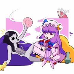 2girls absurdres artist_name black_hair bong commission crescent crescent_hair_ornament crescent_hat_ornament crescent_pin crossover dog_girl drugs hair_ornament hat hat_ornament highres holding holding_plate holding_rag korochubby long_hair marijuana mob_cap multiple_girls patchouli_knowledge pink_hat plate pokemon pokemon_(creature) purple_hair satire sink_dog spinda touhou violet_eyes 