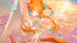  1girl above_clouds absurdres animal armor bare_shoulders bird blush breasts clouds collar commentary dove dress evening feathered_wings flower foreshortening from_above full_body grin highres hololive hololive_english ikkia long_hair looking_at_viewer midair orange_armor orange_collar orange_hair orange_shirt outdoors parted_bangs pink_eyes shirt single_vambrace smile solo straight_hair strapless strapless_dress sun sunset takanashi_kiara vambraces virtual_youtuber warm_colors white_bird white_dress white_wings wings 