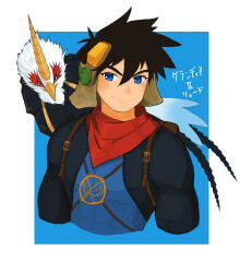  1boy akumesik animal_on_shoulder backpack bag bird bird_on_shoulder black_shrug blue_background blue_eyes blue_shirt brown_bag brown_hair commentary compression_shirt cropped_torso grandia grandia_ii highres outside_border red_scarf ryudo_(grandia) scarf shirt short_hair shrug_(clothing) skye_(grandia) smile spiky_hair 