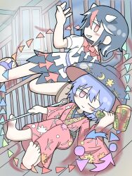  2girls barefoot black_hair blush blush_stickers bowl bowl_hat closed_mouth colored_smoke commentary_request cone_horns from_side full_body furisode furisode_sleeves hand_up hat highres holding holding_mallet holding_needle horns japanese_clothes kijin_seija kimono long_sleeves looking_at_viewer mallet miracle_mallet multicolored_hair multiple_girls nativefaith9696 needle needle_sword obi one_eye_closed open_mouth purple_hair rainbow_order red_eyes red_kimono red_streaks sandals sash sharp_teeth short_hair short_sleeves small_horns smile smoke streaked_hair sukuna_shinmyoumaru teeth touhou violet_eyes white_hair white_horns white_streaks wide_sleeves 