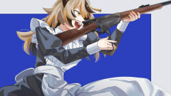  1girl absurdres apron black_dress blonde_hair blue_background border brown_streaks casing_ejection commentary dress from_side gun highres holding holding_gun holding_weapon irregular_border juliet_sleeves lever_action long_hair long_sleeves looking_ahead maid maid_apron multicolored_hair open_mouth orange_streaks original puffy_sleeves rice_(okome_no_naru_ki) rifle shell_casing simple_background solo streaked_hair untranslatable_commentary upper_body weapon weapon_request white_border yellow_eyes yellow_nails 