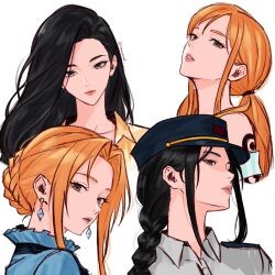  2girls artist_name black_eyes black_hair braid braided_ponytail brown_eyes chococurrent close-up collared_shirt commentary crown_braid earrings english_commentary eyelashes hair_up hat head_tilt highres jewelry long_hair looking_at_viewer multiple_girls multiple_views nami_(one_piece) nico_robin one_piece one_piece_heroines orange_hair parted_lips shirt shoulder_tattoo sidelocks simple_background tattoo teeth twintails white_background 