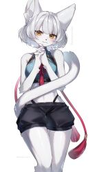  1girl :3 absurdres animal_ear_fluff animal_ears animal_nose bare_shoulders black_shorts body_fur cat_ears cat_girl cat_tail commentary_request cowboy_shot furry furry_female highres kawarage_yatano light_blush navel_peek original own_hands_clasped own_hands_together pawpads short_hair shorts stomach tail tail_wrap white_background white_fur yellow_eyes 