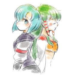  2girls armor back-to-back black_pants blue_eyes blue_hair blush closed_eyes commentary_request crop_top feena_(grandia) grandia grandia_i green_hair hair_tubes kii_iro leen_(grandia) long_hair looking_at_viewer multiple_girls orange_shirt pants purple_armor shirt short_hair simple_background sketch upper_body white_background white_shirt white_sleeves 