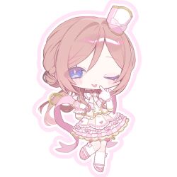  1girl :p ;p arm_behind_back ben-day_dots blue_eyes blush bow bow_legwear bowtie brooch brown_hair cane chibi chibi_only commentary_request dot_nose finger_to_face full_body gakuen_idolmaster gem gloves hair_between_eyes hair_bun hair_intakes hand_up hat hat_bow highres himesaki_rinami holding holding_behind_back holding_cane idolmaster jewelry kneehighs layered_skirt long_hair looking_at_viewer mini_hat mini_shako_cap multicolored_skirt one_eye_closed outline parted_bangs pink_bow pink_gem pink_hat pink_outline pink_ribbon pink_shoes pink_skirt ribbon screentones shako_cap shirt shoes short_sleeves simple_background skirt skirt_bow smile socks solo standing standing_on_one_leg tilted_headwear tongue tongue_out white_background white_bow white_bowtie white_gloves white_shirt white_skirt white_socks wrist_bow yuusuke_(yyy_xp) 