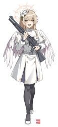  1girl absurdres alternate_weapon black_pantyhose blonde_hair blue_archive breasts brown_eyes capelet commission dress feathered_wings full_body gun halo highres holding holding_gun holding_weapon long_hair long_sleeves medium_breasts nagisa_(blue_archive) noonnoon531 open_mouth pantyhose round_teeth shotgun solo standing teeth upper_teeth_only very_long_hair weapon white_background white_capelet white_dress white_wings wings yellow_halo 