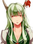  breasts cat_eyes cleavage ex-keine green_hair hair_bow horns kamishirasawa_keine lips long_hair open_mouth plus-kitsch red_eyes ribbon simple_background slit_pupils solo touhou 