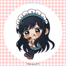  1girl apron artist_request black_hair black_pantyhose blue_dress blue_hairband blush border brown_eyes brown_shoes chibi chibi_only copyright_logo copyright_notice crepe dress english_text food food_court_de_mata_ashita food_on_face frilled_apron frilled_dress frills fruit full_body gingham_border hairband holding holding_crepe holding_food licking_lips logo long_hair long_sidelocks looking_at_viewer maid maid_apron maid_headdress mary_janes official_art pantyhose second-party_source shoes short_dress sidelocks solo tongue tongue_out very_long_hair wada_(food_court) white_apron white_background white_border 