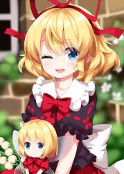  1girl :d ;d back_bow black_shirt blonde_hair blue_eyes blurry blush bow bowtie commentary_request completion_time depth_of_field flower hair_ribbon highres holding holding_flower lily_of_the_valley looking_at_viewer medicine_melancholy medium_hair one_eye_closed open_mouth outdoors puffy_short_sleeves puffy_sleeves red_bow red_bowtie red_ribbon red_skirt ribbon ribbon-trimmed_shirt ribbon-trimmed_skirt ribbon_trim ruu_(tksymkw) shirt short_sleeves skirt smile solo su-san touhou white_bow white_flower wings 