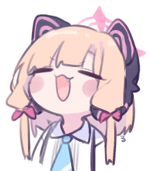  1girl :3 :d animal_ear_headphones animal_ears blonde_hair blue_archive blue_necktie blush blush_stickers bow cat_ear_headphones cat_ears chibi closed_eyes collared_shirt cropped_torso facing_viewer fake_animal_ears fang flying_sweatdrops hair_bow halo headphones momoi_(blue_archive) necktie open_mouth pink_bow pink_halo portrait ruten_(onakasukusuku) shirt short_hair sidelocks simple_background smile solo upper_body v-shaped_eyebrows white_background white_shirt zzz 