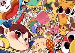  4girls 6+boys apollo-chan bear_boy beard bird blue_bow blue_jacket blue_overalls bow bowtie brown_hair butamen-kun calbee_(potato_chips) character_request chibikemo chocojiro chopsticks closed_mouth coin commentary copyright_request crossover crown dog_boy dress facial_hair food frog_boy frog_policeman_(kadou) fujiya furry furry_female furry_male giraffe_boy glico goldbear green_shorts grey_background grey_hair hair_bow haribo hat highres hiihii_obaachan holding holding_chopsticks holding_hands hop_blue hoshio-kun ice_cream jack_seika jacket jean_(koikeya) julius_pringles kabaya_(company) kadou_(company) kameda_seika kappa_ebi-kun kapusuke_(glico) karl_ojisan koala koala_no_march-kun koikeya_(company) kyoro-chan licking_lips looking_at_another looking_at_viewer masuya_(company) meiji_(brand) mitsuru_(calbee) monkey_boy morinaga_(brand) multiple_boys multiple_girls mustache noppo_toppo-chan ohyou_wake old old_woman one_eye_closed onigiri_bouya_(masuya) open_mouth overalls oyatsu_company panda pants peko-chan pig polka_dot polka_dot_bow polka_dot_bowtie polka_dot_dress potato potato_bouya poteko-kun prince_turn pringles purple_hair rabbit_girl raccoon_boy red_dress red_pants sakupan_(kabaya) sarubou shirt shoei_delicy shoes short_hair short_twintails shorts signature simple_background smile straw_hat tanubou tohato tongue tongue_out totomaru_(morinaga) trait_connection twintails umaemon usappe whale white_hat yan_yan_panda yaokin yattamen yellow_shirt yocchan yocchan_foods 