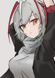  1girl absurdres antenna_hair arknights arms_up black_jacket breasts commentary_request demon_girl demon_horns dot_nose grey_background grey_hair grey_scarf grey_shirt highres horns jacket looking_at_viewer medium_breasts medium_hair open_clothes open_jacket orange_eyes red_horns scarf shirt simple_background smile solo sun_showdmp upper_body w_(arknights) 