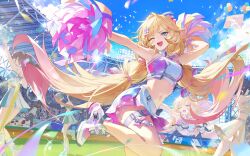  0jae balloon black_survival blonde_hair bow bowtie cheerleader confetti crowd eternal_return:_black_survival hair_ornament hair_ribbon hairclip highres looking_at_viewer low_twintails midriff one_eye_closed open_mouth pom_pom_(cheerleading) ribbon running screen shoes sneakers track_and_field track_suit twintails 