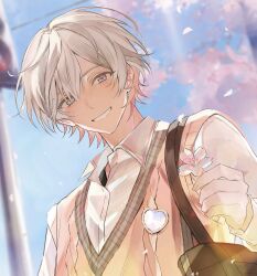  1boy absurdres bag blurry blurry_background cherry_blossoms collared_shirt double-parted_bangs falling_petals from_below gradient_hair hair_between_eyes hanami hand_up highres long_sleeves looking_at_viewer male_focus multicolored_hair open_collar outdoors petals pink_eyes pink_hair pink_petals pink_sweater_vest shirt short_hair shoulder_bag sidelighting smile solo sweater_vest ume_(wezu) undays utaite v-neck virtual_youtuber white_hair white_shirt yuno_(undays) 