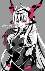  1girl aged_up black_hair breasts commentary_request dark_persona dragon_horns elbow_gloves evil_smile fake_horns fire_emblem fire_emblem_engage gloves horns long_hair looking_at_viewer multicolored_hair official_alternate_costume official_alternate_eye_color red_eyes small_breasts smile solo two-tone_hair very_long_hair veyle_(fell_successor)_(fire_emblem) veyle_(fire_emblem) white_hair yukia_(firstaid0) 