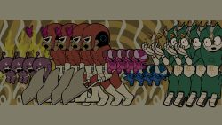  1girl 4boys antennae armor axe black_eyes bodysuit boots bug butterfly butterfly_net clone clouds commentary_request entomologist_(rhythm_tengoku) food from_side gloves goggles goggles_on_head green_bodysuit green_gloves hand_net hands_up hard_hat helmet highres holding holding_axe holding_food holding_shovel holding_weapon insect_wings jumpsuit kel_8916 lineup male_focus mr._blue_(rhythm_tengoku) ms._pink multiple_boys net no_mouth open_mouth outstretched_arms pudding red_bodysuit rhythm_tengoku rhythm_tengoku_miracle_stars robot s-catch-01 shovel size_difference spider spread_arms standing superhero_costume surprised tokusatsu warping_alien_(rhythm_tengoku) weapon white_gloves wide-eyed wings 