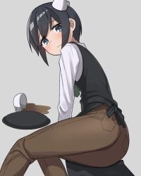  1girl absurdres akts625 apron ass black_apron black_hair black_vest blue_eyes brown_pants coffee coffee_mug commentary cup feet_out_of_frame green_necktie grey_background highres kino_(kino_no_tabi) kino_no_tabi long_sleeves looking_at_viewer mug necktie pants reverse_trap shirt short_hair simple_background solo spilled_drink tray vest waist_apron white_shirt 
