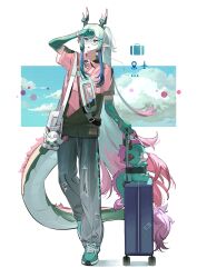  1boy absurdres alternate_costume arknights arm_up azkolaxxx bag black_pants casual chinese_commentary clouds colored_extremities commentary_request dragon dragon_bean_(arknights) dragon_boy dragon_horns dragon_tail earrings eastern_dragon_horns fanny_pack full_body glasses green_hands green_shoes green_streaks hair_between_eyes highres holding holding_suitcase horns jewelry little_ba'jie_(arknights) long_hair looking_to_the_side male_focus multicolored_hair pants pink_eyes pointy_ears red_shirt rolling_suitcase shading_eyes shirt shoes shoulder_bag sky sneakers standing streaked_hair suitcase t-shirt tail white_bag yi_(arknights) 
